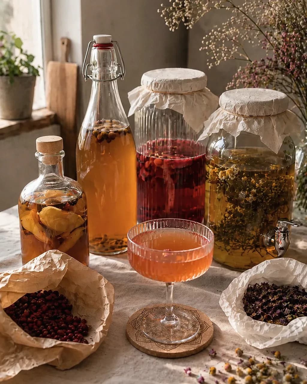 Bocaux d’infusions maison alignés, fruits et fleurs séchées, lumière de fenêtre.
