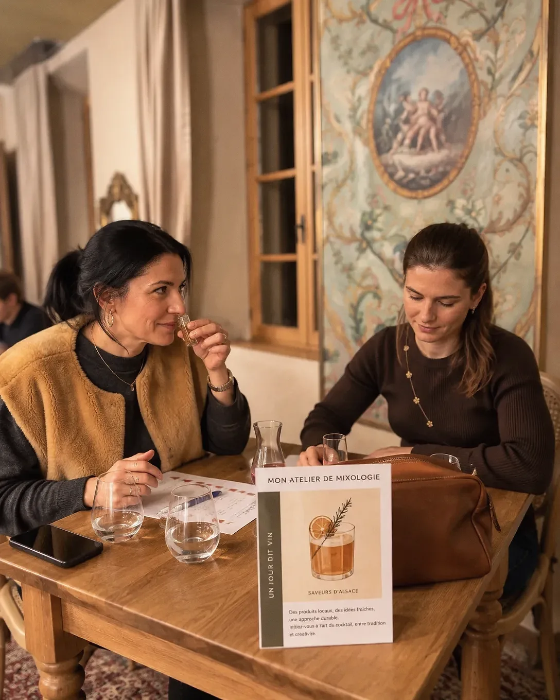 Un atelier de dégustation Un Jour Dit Vin, verres alignés et carnets, ambiance chaleureuse.