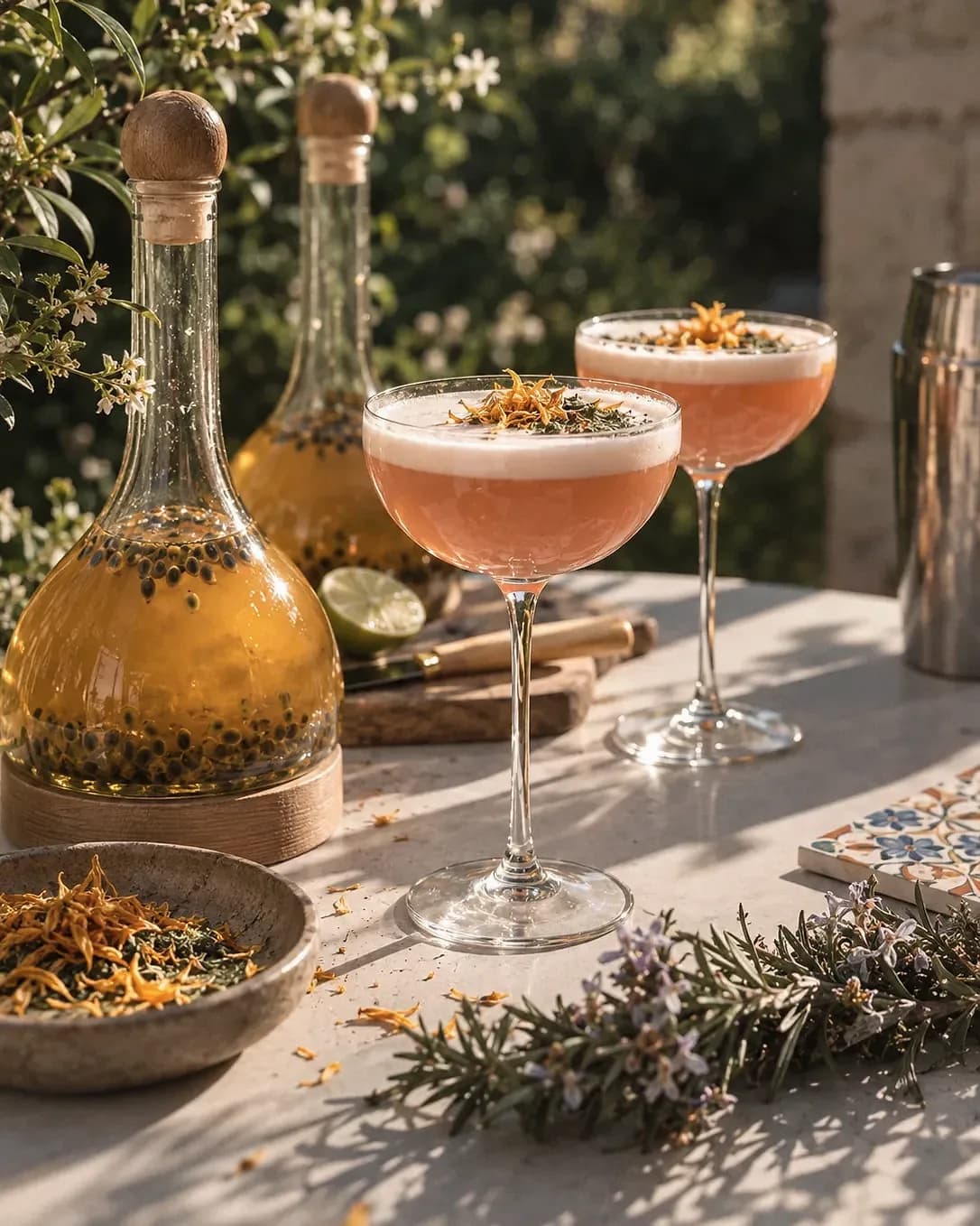 Deux créations à la mousse orangée garnies de pétales séchés, flacons d'infusion au fruit de la passion et branche de romarin en fleur, sur une table de pierre au soleil.
