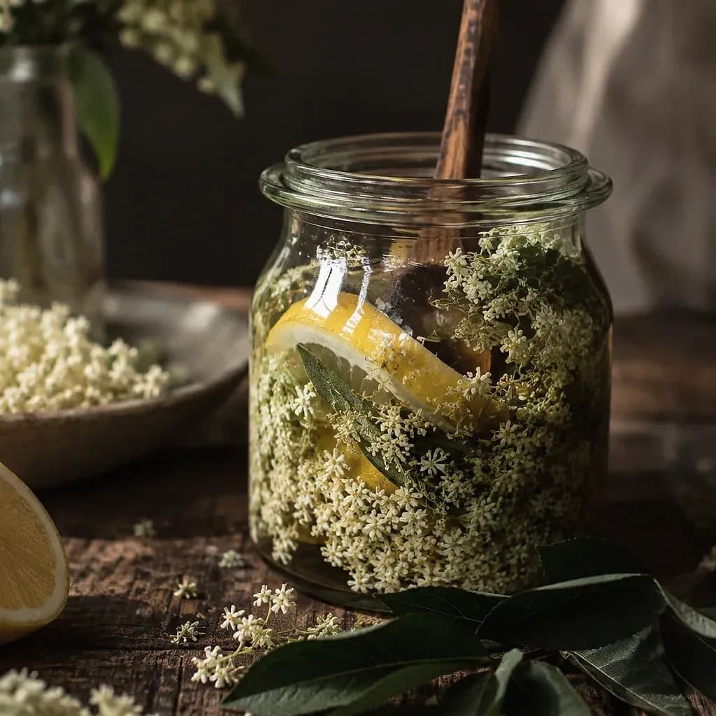 Fleurs de sureau en cours d’infusion dans un bocal, citron et herbes.