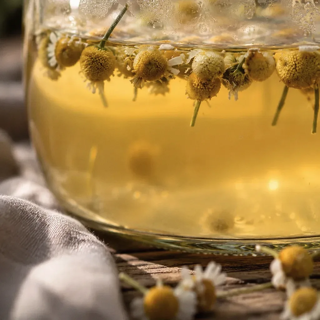 Fleurs de camomille infusées, gros plan, condensation sur le bocal.