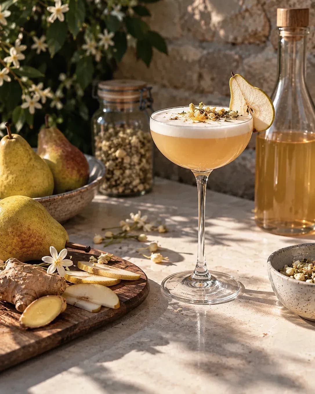 Une création sans alcool à la poire et au gingembre, garnie d'une tranche de poire et de fleurs de jasmin.