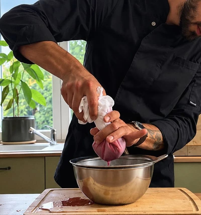 Lukas Guyot presse un torchon rempli de fruits rouges au-dessus d'une passoire et d'un saladier, dans une cuisine.