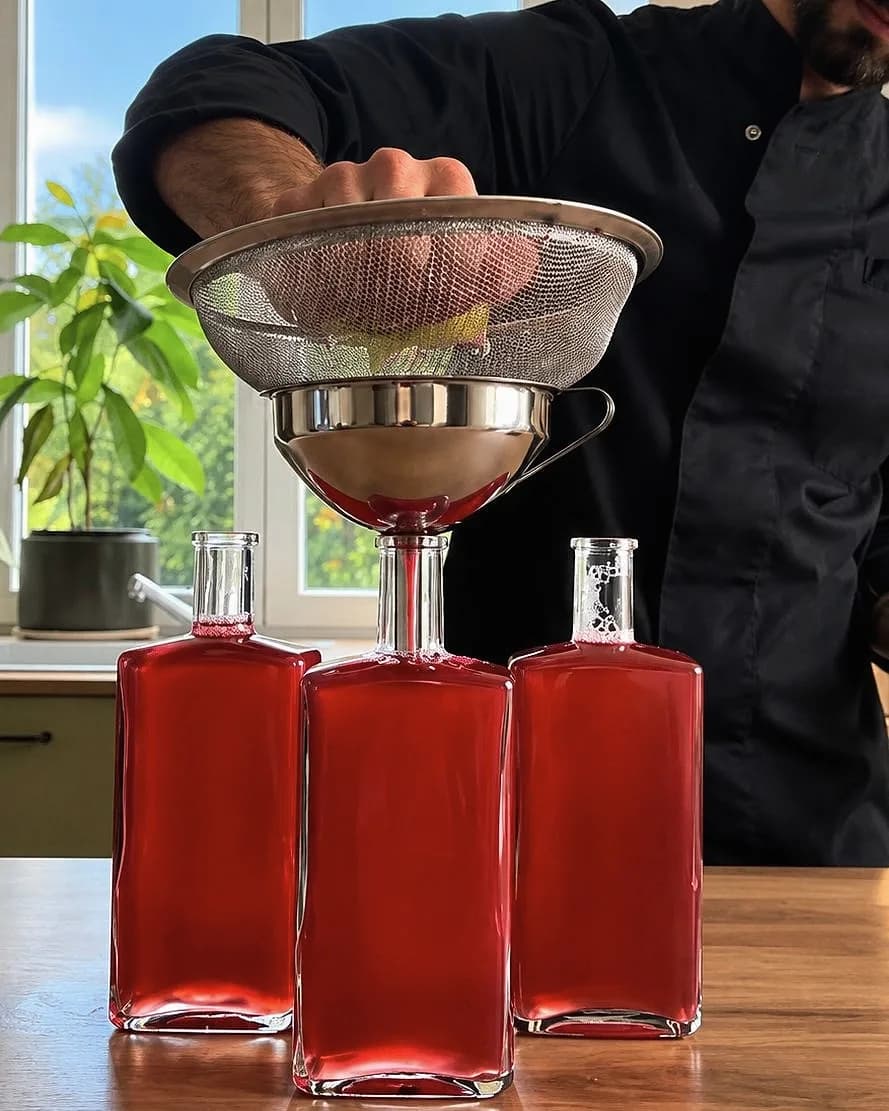 Un sirop rouge filtré à travers une passoire et un entonnoir dans trois bouteilles en verre, sur un plan de travail en bois.