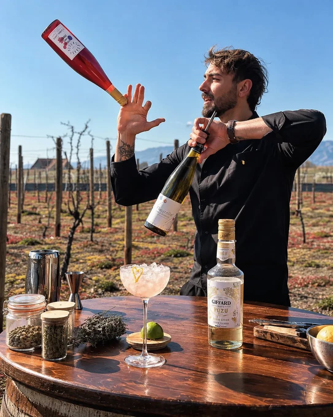 Un geste de mixologie avec une bouteille Fleurelle, au milieu des vignes.