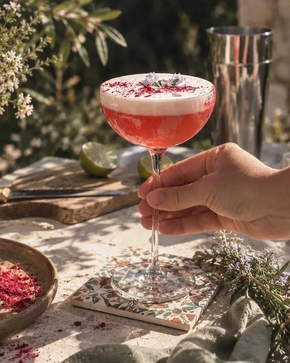 Une main tient une coupe garnie de poudre de framboise et de fleurs de romarin, sur une table en pierre au soleil.