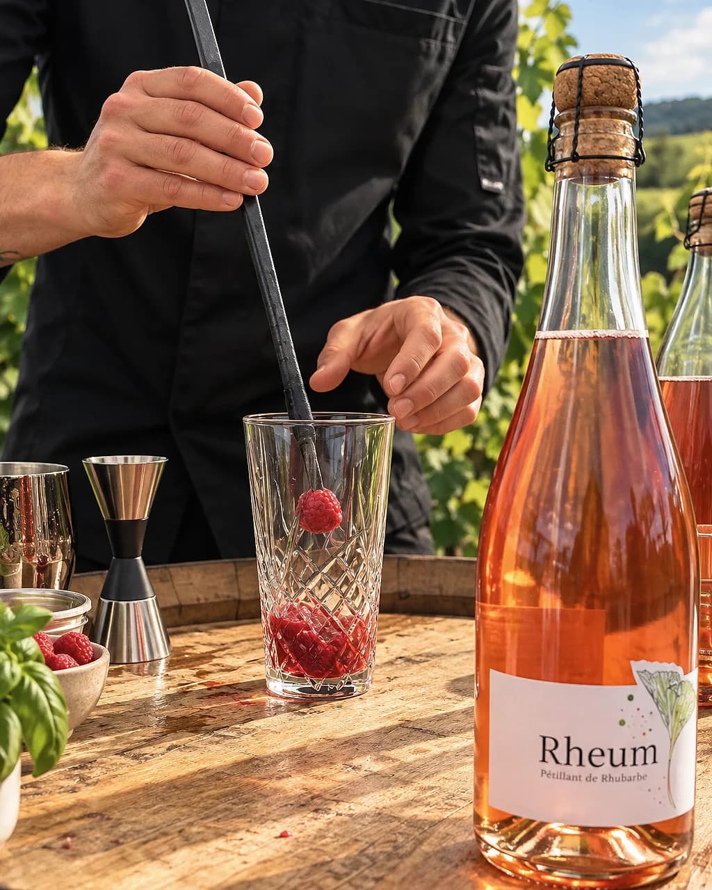 Des framboises écrasées dans un verre, à côté d’une bouteille de Rheum, pétillant naturel de rhubarbe, au milieu des vignes.